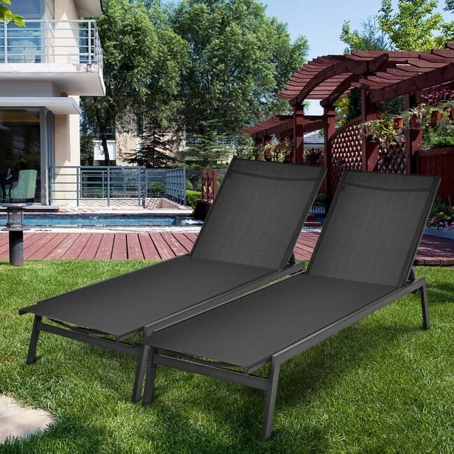 Outdoor Reclining Chaise Lounge Chair with 6-Position Adjustable Back - 64"- 79" x 25" x 38" - 12" (L x W x H)