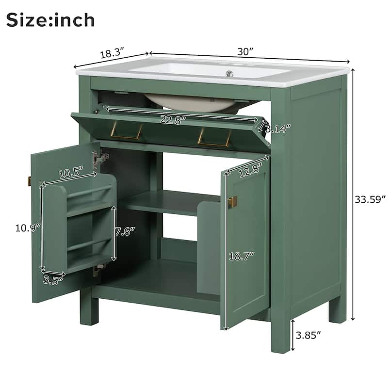30" Modern Bathroom Vanity with Ceramic Sink, Soft-Close Doors, Flip-Out Drawer & Adjustable U-Shaped Shelf