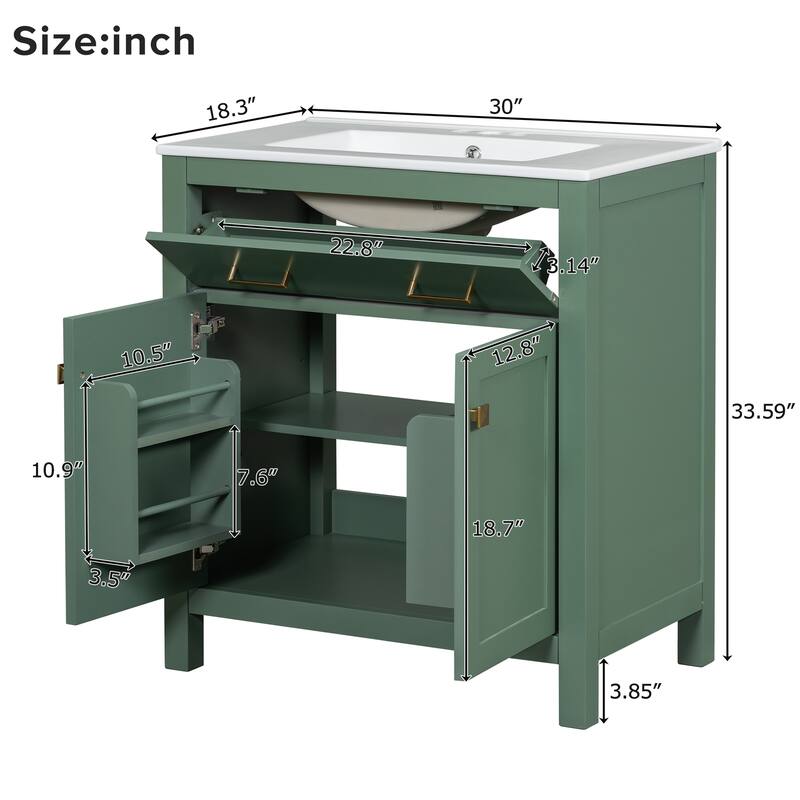 30 Inch Single Sink Bathroom Vanity Cabinet, Solid Wood Frame