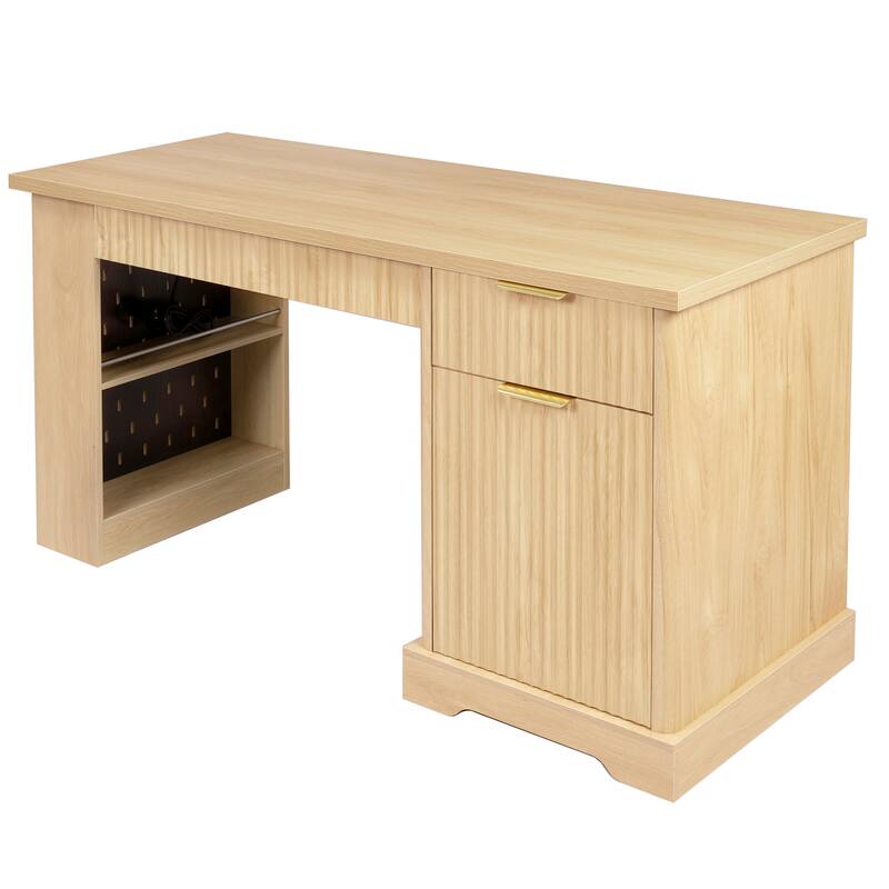 55" Modern Office Desk with Storage, Power Outlet, Pegboard & Keyboard Tray