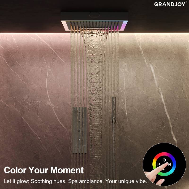 GRANDJOY Thermostatic LED Rain and Waterfall Shower System with Handheld, Built-In Music Function