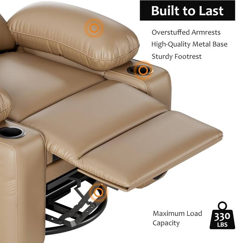 Oversized Manual PU Leather Recliner Sofa Chair with Cup Holders