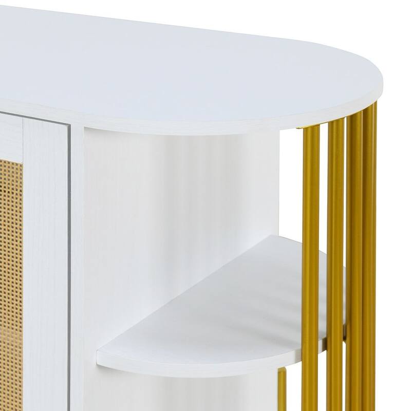Sideboard Buffet Cabinets with Woven Ratta Doors, Curved Kitchen Storage Cabinets, Wood Coffee Bar Tables