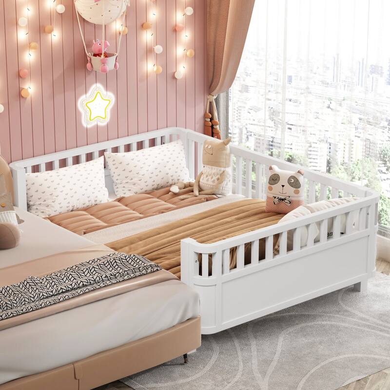 White Full Size Wood Platform Bed with Safety Rails for Kids, Low Profile Design