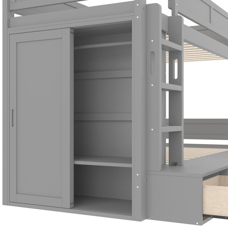 Twin over Twin Bunk Bed with 4 Drawers & Wardrobe - Solid Wood, Full-Length Guardrails, No Box Spring