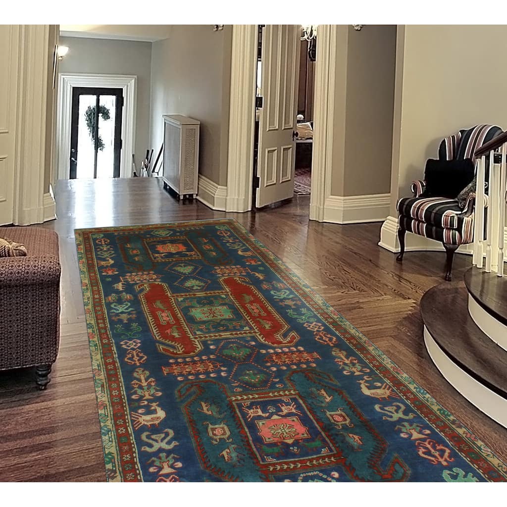 Fine Vintage Distressed Claudio Navy/Red Runner - 3'8" x 9'0"