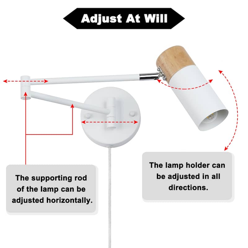 Industrial Adjustable Swing Arm Wall Lamp Wall Sconce with Plug in Cord, Modern White/Black Finish with Wood Head