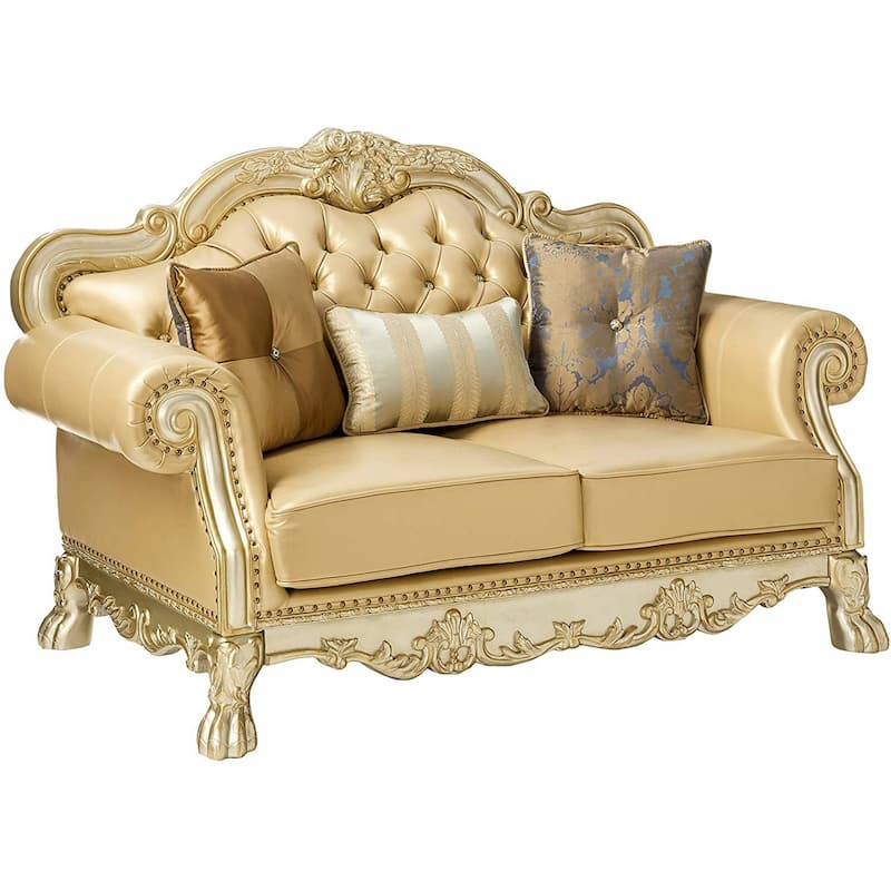 Traditional Button Tufted Leatherette Loveseat with Carved Details, Gold