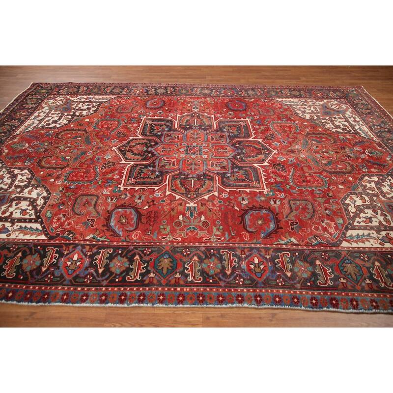 Hand Knotted Oriental 100% Wool Carpet Traditional Medallion Red Heriz Area Rug - 11' 0'' X 7' 8''