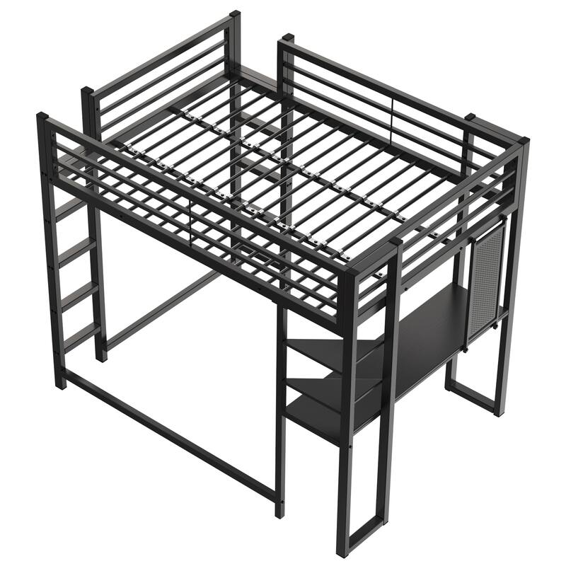 Full Size Metal Loft Bed with Desk and Storage, Ideal for Teens and Kids, Black Bedroom Frame