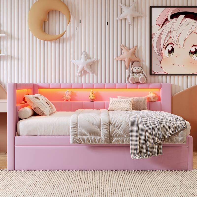 Upholstered Platform Bed with USB Ports and LED Belt With Trundle