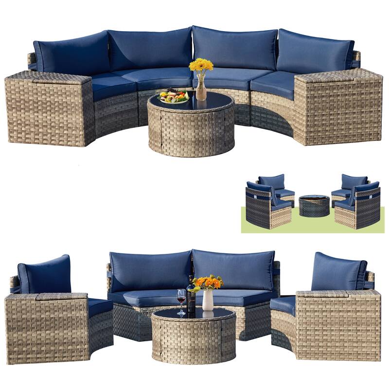AVAWING 7 Pieces Half Moon Patio Conversation Set PE Wicker Sectional Sofa