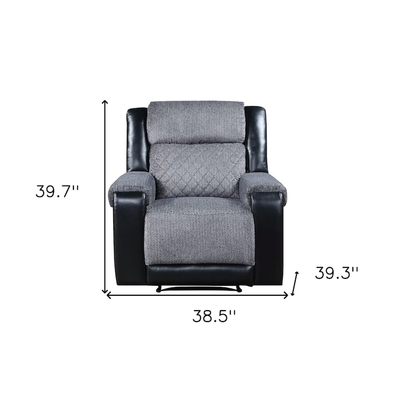 HomeRoots 39" Black And Gray Faux Leather And Fabric Manual Recliner