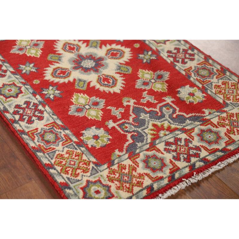 Red Kazak Oriental Foyer Rug Hand-Knotted Geometric Wool Carpet - 2'0" x 3'1"