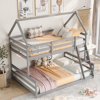 Gray Twin Size Pine Wood House Design Bunk Bed with Built-in Ladder and Guardrail, Converts to Separate Beds
