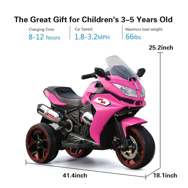 Battery Powered Electric Car with Battery Display, Pink Outdoor Motorcycle with Music, Children's Electric Motorcycle with Light