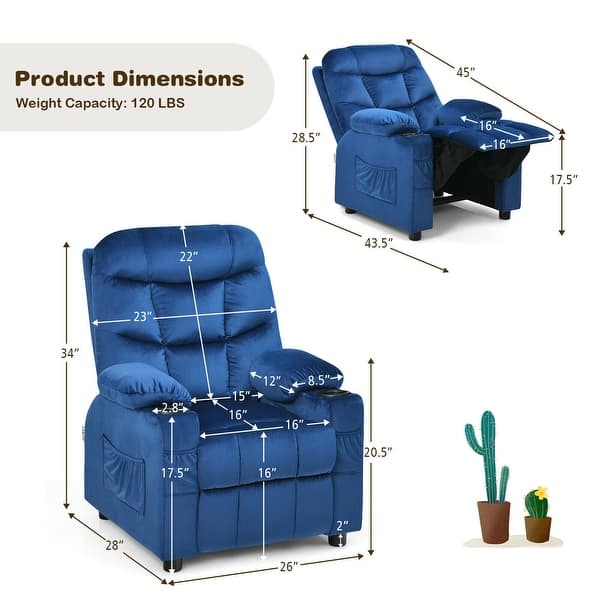 dimension image slide 2 of 4, Gymax Kids Youth Recliner Chair Velvet Fabric w/Cup Holder & Side