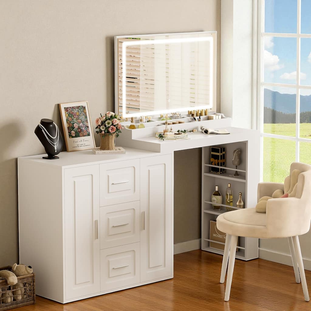 Makeup Vanity Table with Mirror and Lights, 59" Dressing Table with Storage Drawers and Cabinets