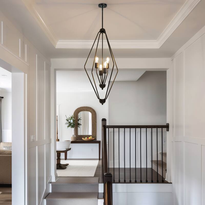 Modern Black 4-Light Geometric Chandelier Lantern Kitchen Island Light - D 18.1" x H 35.4"