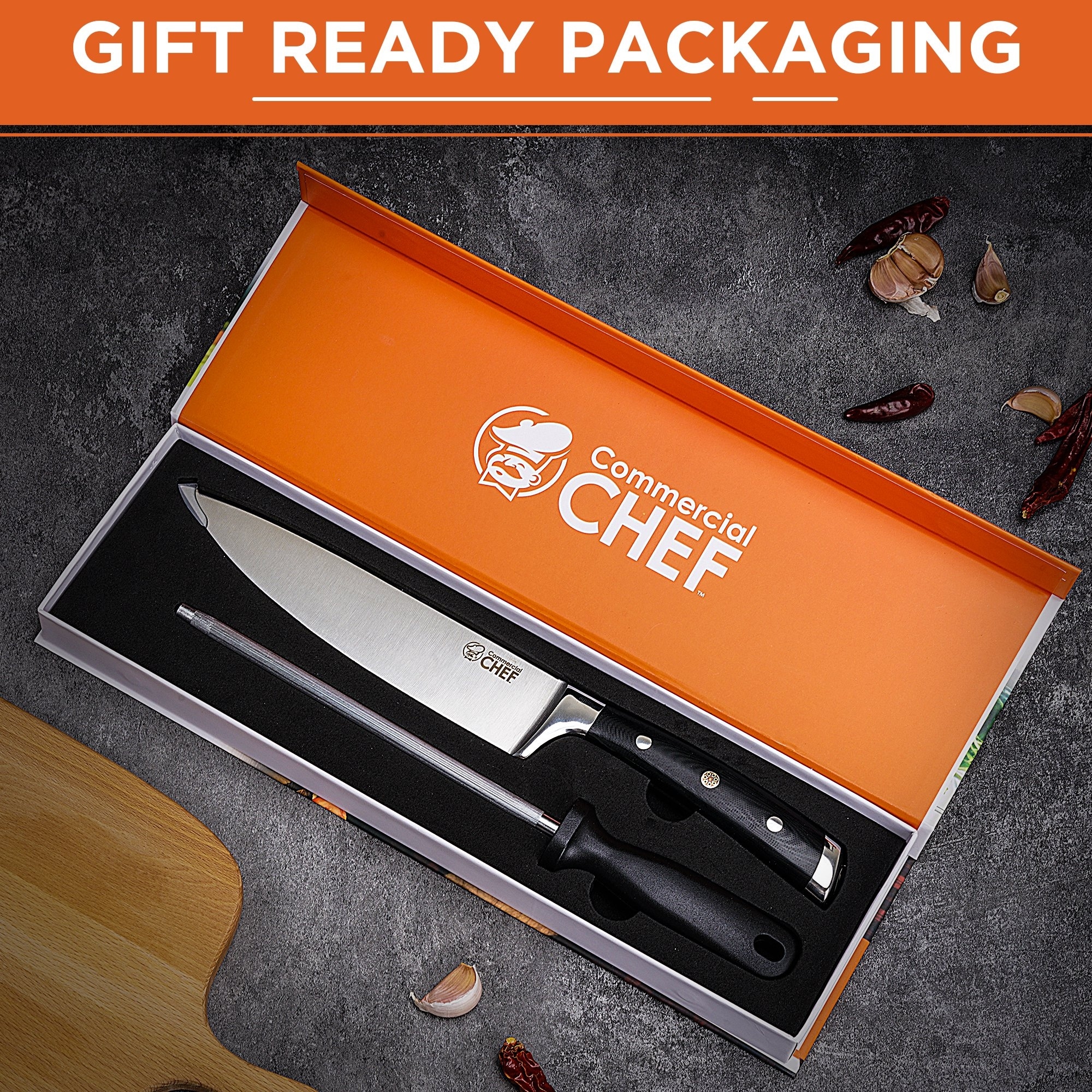 Commercial Chef Pro 8 in. High-Carbon Steel Full Tang Chef's Knife with Triple Rivet G10 Handle with Sharpener