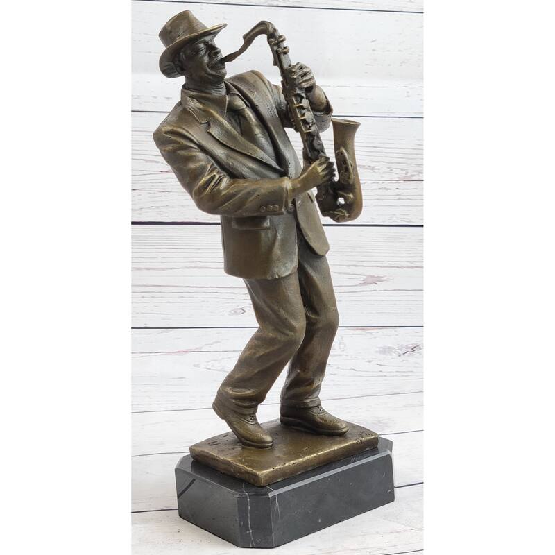 Hot Cast Saxophone Player Bronze Sculpture Marble Base Figurine Figure Home Deco