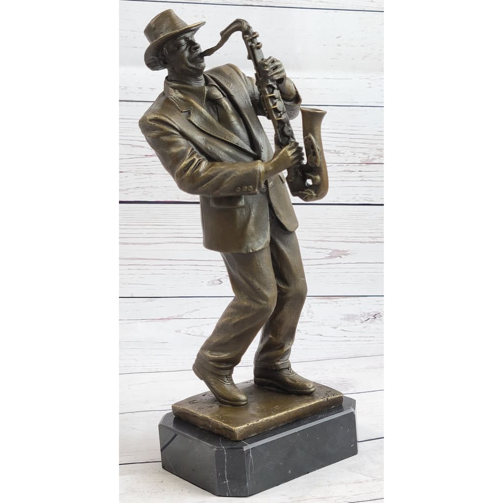 Hot Cast Saxophone Player Bronze Sculpture Marble Base Figurine Figure Home Deco