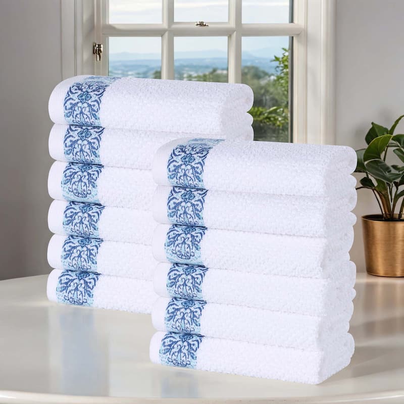 Superior Medallion Cotton Jacquard Soft Face Towel Washcloth Set of 12 - White-Aqua