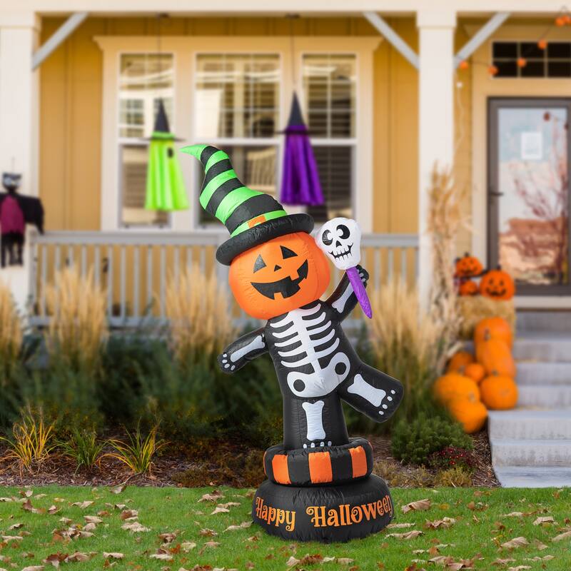 Glitzhome 6FT Lighted Halloween Jack-O-Lantern Skeleton Rotating Inflatable Decor