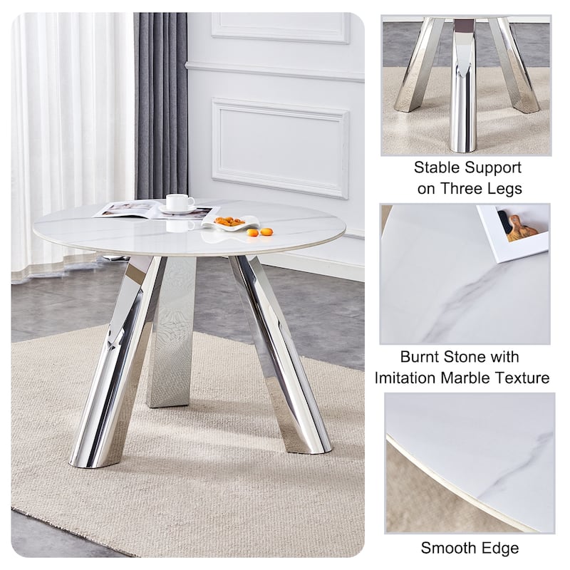 A 42-Inch Round Table with Stainless Steel Legs and a Marble Top, Perfect for 4 to 6 People.