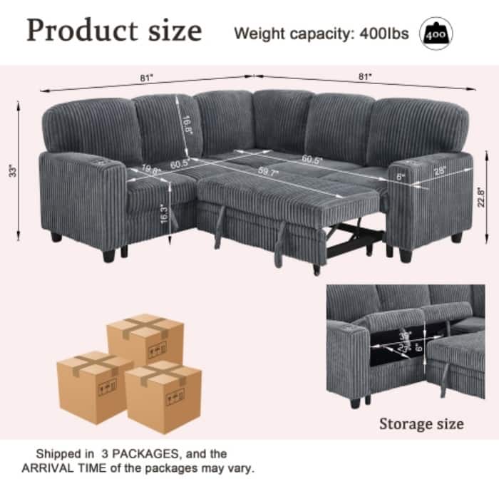 L-Shaped 5-Seat Sleeper Sectional - Pull-Out Bed with Storage & USB Charging, Corduroy Fabric