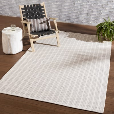 Janelle Indoor/ Outdoor Striped Light Gray/ Ivory Area Rug