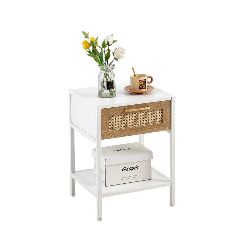 Rattan Nightstand, 15" End Table with Drawers, Modern Bedroom Nightstand Metal Legs, Display Cabinets Living Room, Natural