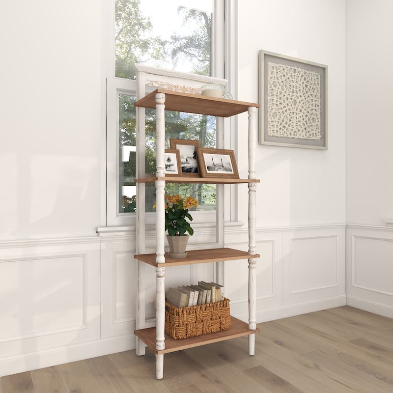 Wood Floral Intricately Carved 4 Shelves Shelving Unit - White - Roche River Decor