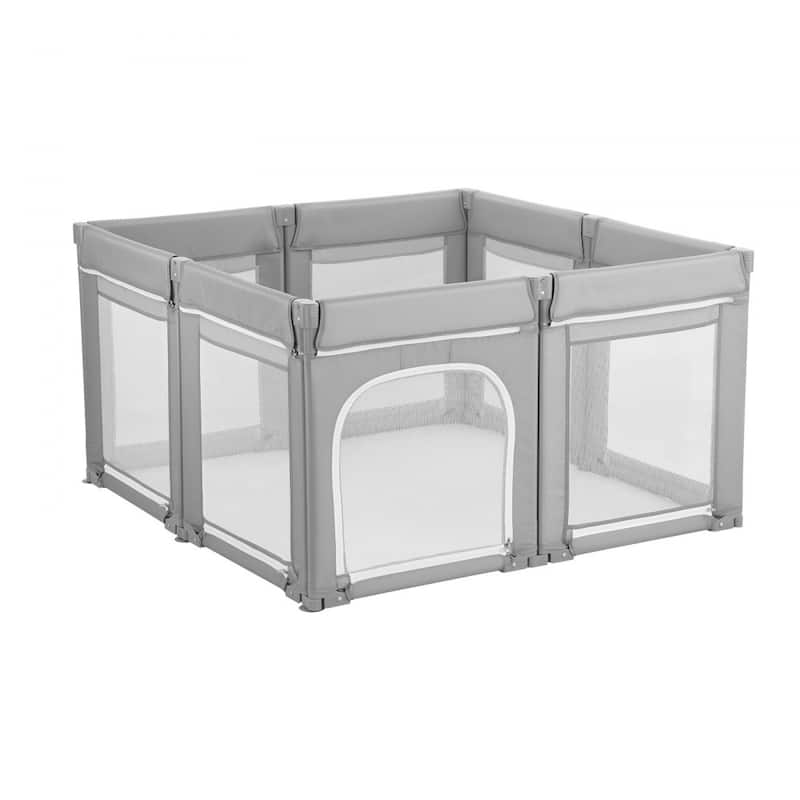 Foldable Grey Baby Fence with Mesh Walls Modular Playpen Design for Indoor and Outdoor Use - 50" x 50" x 27.36"