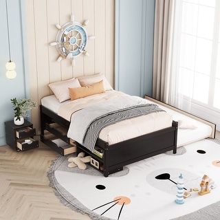 Full Platform Bed with Trundle, Storage Box, and Nightstand
