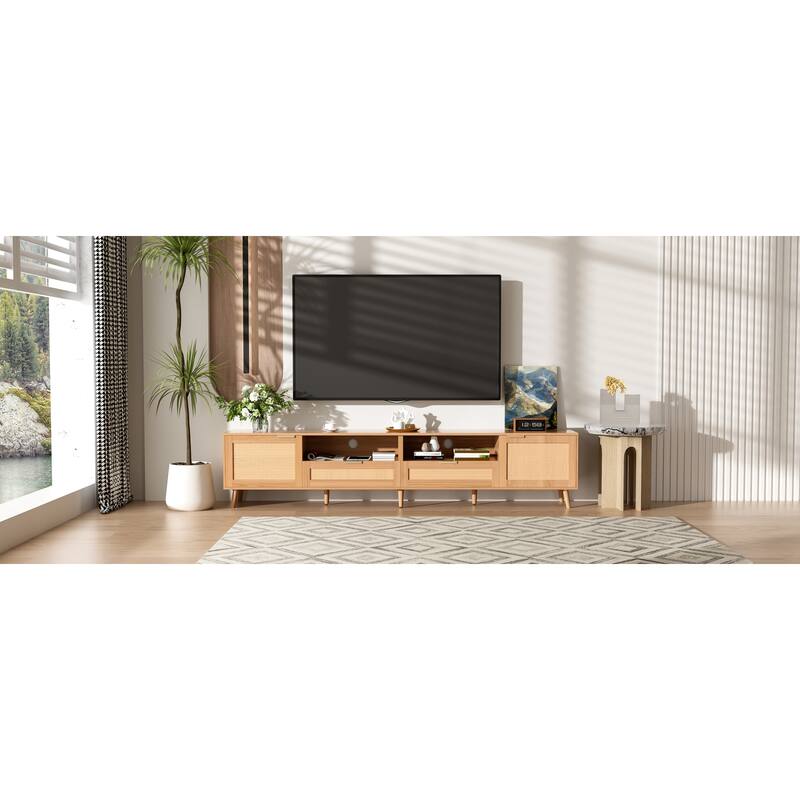 Roomfitters Rattan TV Stand for TVs up to 90 Inch, Modern Farmhouse Media Console with Solid Wood Legs, Walnut