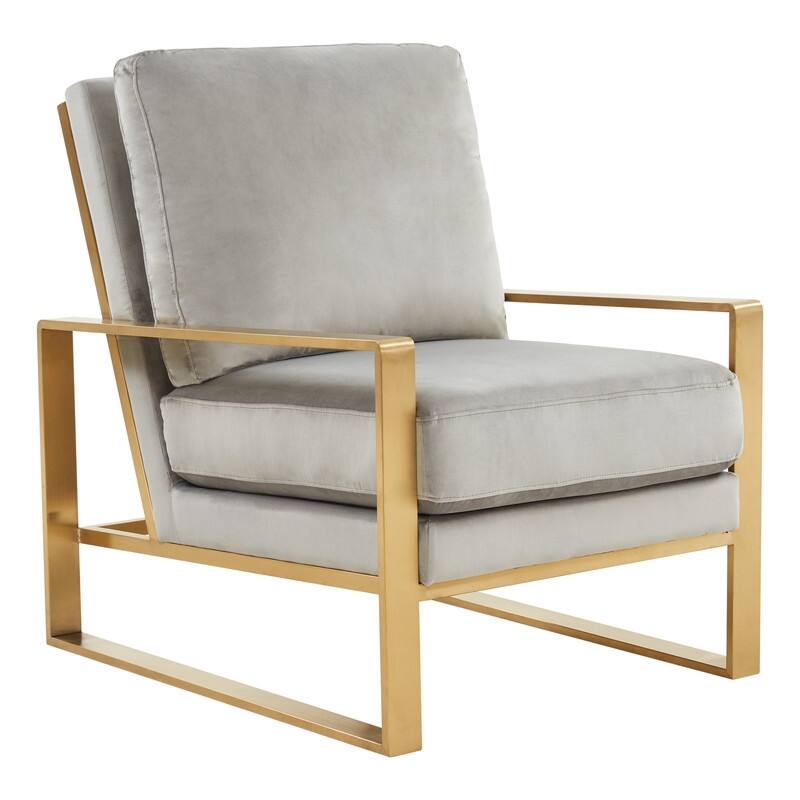 Jefferson Modern Velvet Accent Chair with Brushed Gold Frame, Removable Cushions, and Floor Protectors for Living Room or Office - Light Grey