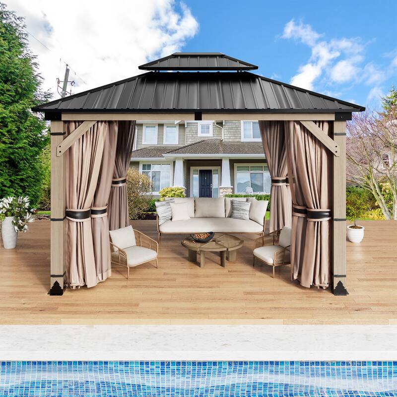10X12FT Outdoor Wood Frame Patio Gazebo, Metal Pavilion with Curtain and Netting