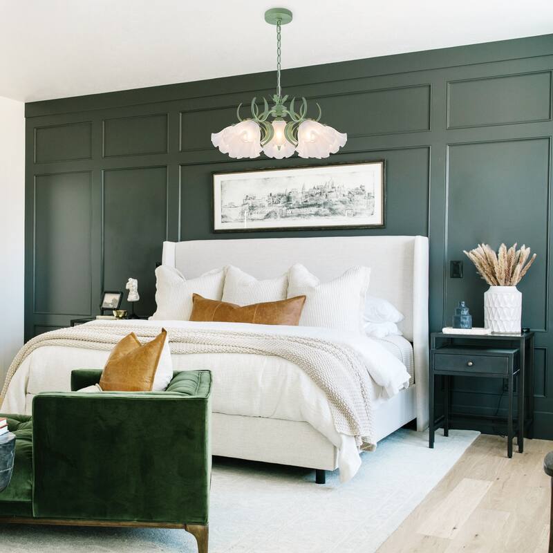 Botanical Green Chandelier with Floral Frosted Glass Shades