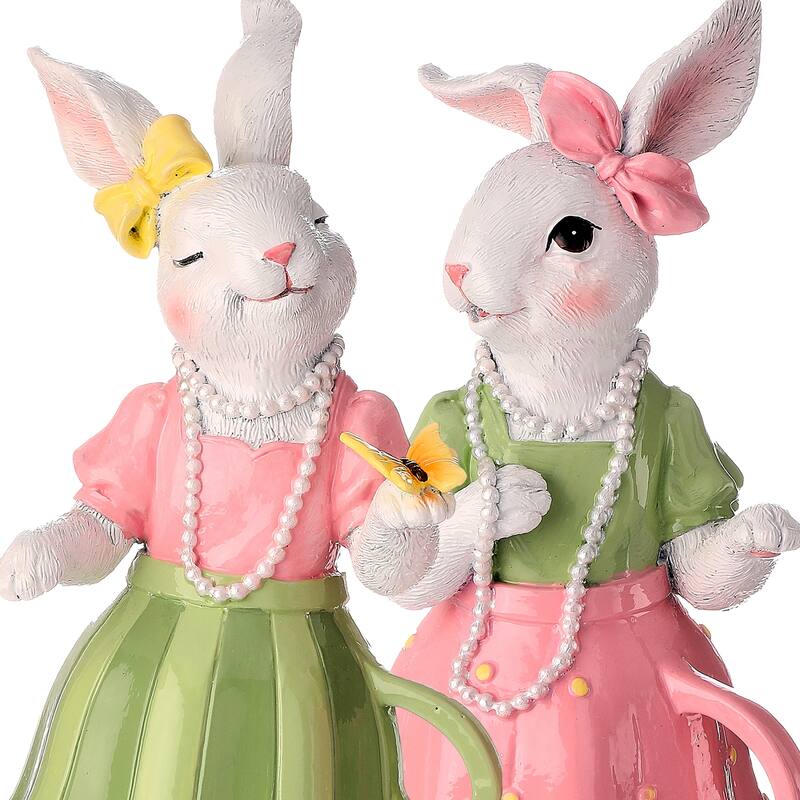10" Resin Bunny N Teacup Dress Set of 2