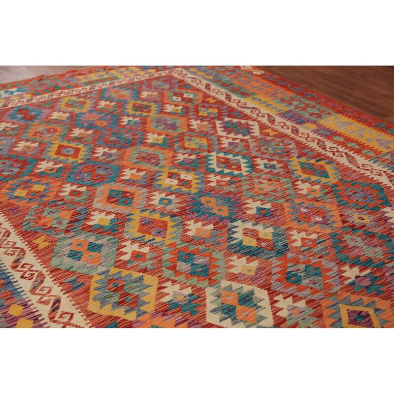 Geometric Kilim Area Rug Hand-Woven Orange Wool Carpet - 8'7"x 11'5"
