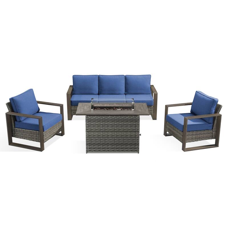 Meyreso Wicker Patio Conversation Set with Fire Pit Table & Olefin Cushions