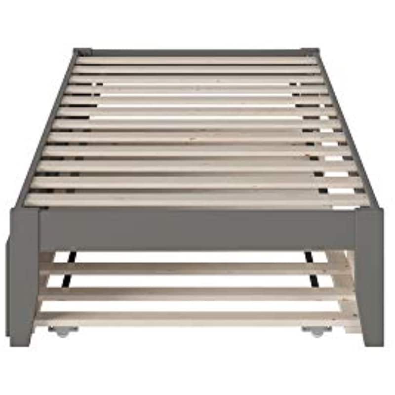 Twin Bed with Trundle & USB Charger - Grey Retro Style Platform Bed Frame, Strong Slats, Space Saving