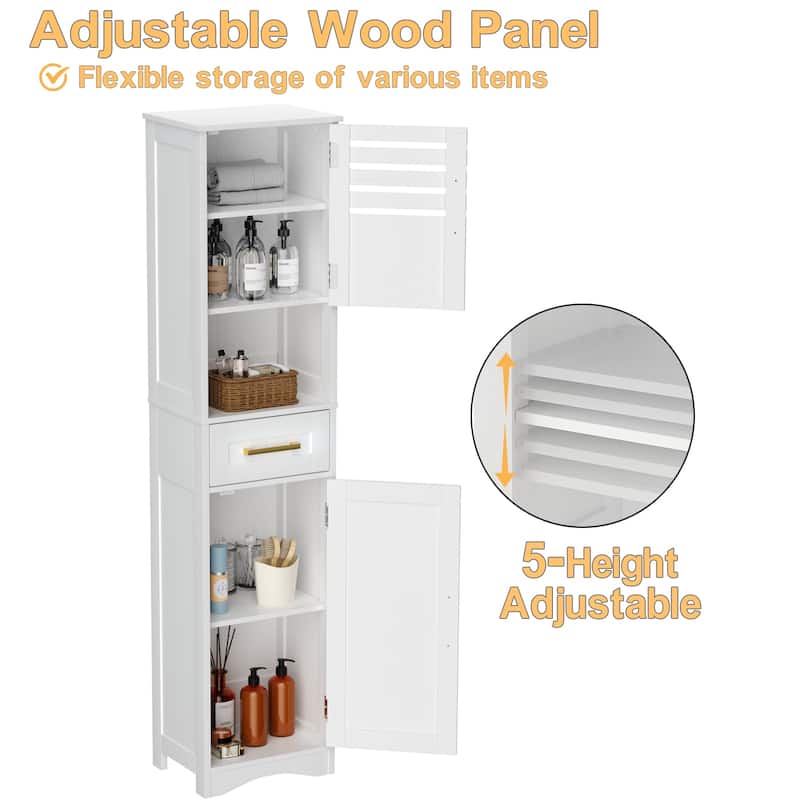 Tall Bathroom Floor Storage Cabinet withDrawer, Narrow Slim Freestanding Cabinet with 5 Adjustable Height Shelf