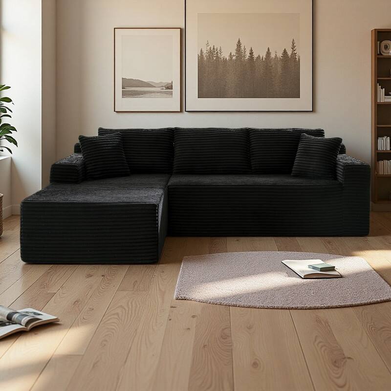 103.2" Corduroy L-Shaped Cloud Sectional Sofa with Deep Seats and No Assembly Required Modular Sleeper - Black