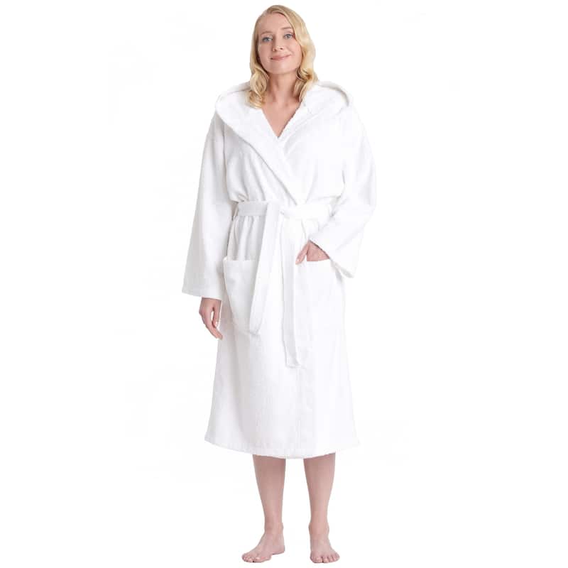 Women's Turkish Cotton Hooded Bathrobe - White - XS