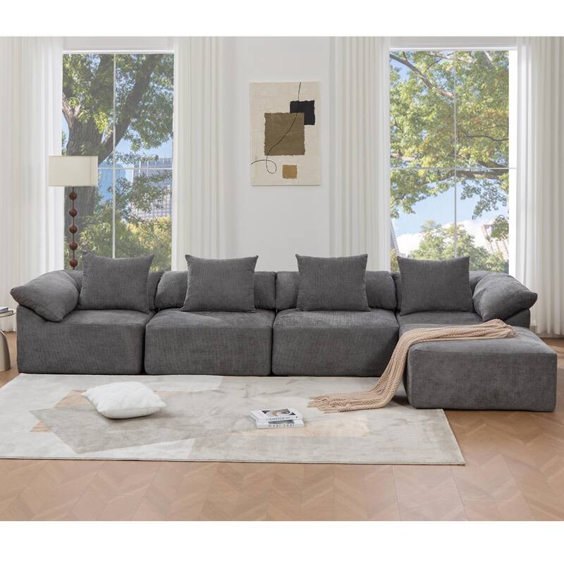 GDFStudio - Chenille L-Shaped Modular 5-Seater Sectional Sofa with Ottoman