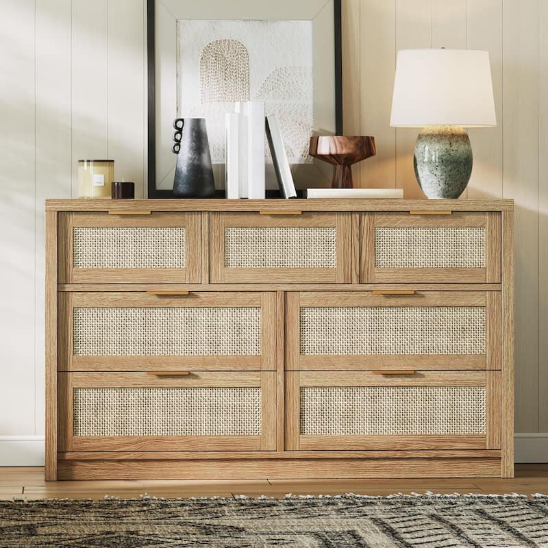 6/7-Drawer Dresser for Bedroom, Rattan Dresser Modern Wood Chest with Metal Handles - 7-drawer - Light Brown