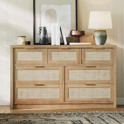 6/7-Drawer Dresser for Bedroom, Rattan Dresser Modern Wood Chest with Metal Handles