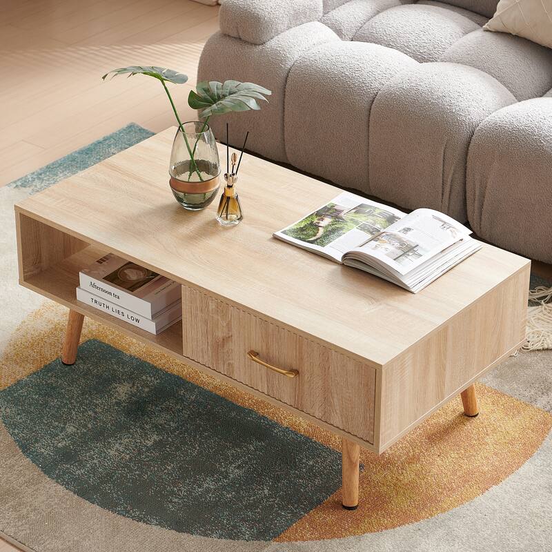 Rectangle Coffee Table with Solid Wood Legs, Sliding Drawer for Storage, Modern Table